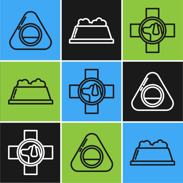 设行宠物床、兽医诊所标志和宠物食品碗图标。向量图片下载