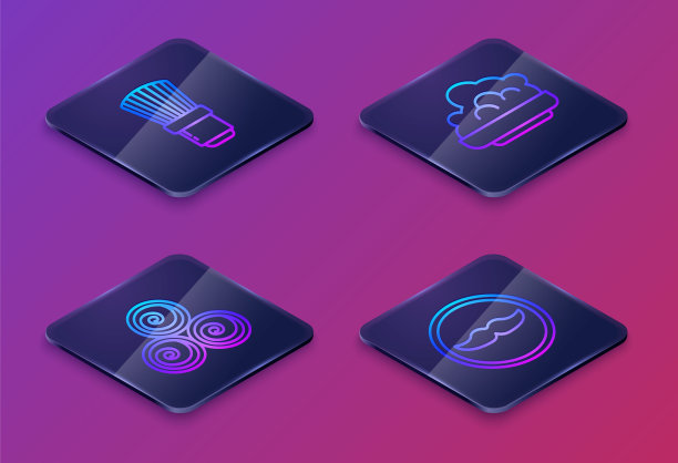 设置等距线剃须刷、毛巾卷、剃须啫喱、胡须。蓝色方块按钮。向量图片下载