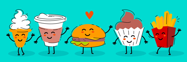 矢量插画的快餐朋友与心。绿色的背景上是快乐的薯条、纸杯蛋糕、咖啡、汉堡和冰淇淋。图片下载