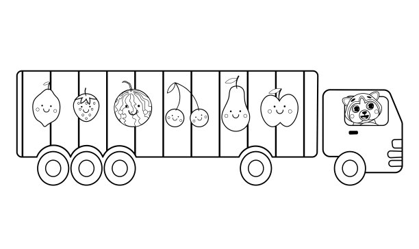 用动物着色的大卡通水果车的页面轮廓。矢量图像上的白色背景。儿童交通涂色书。图片下载
