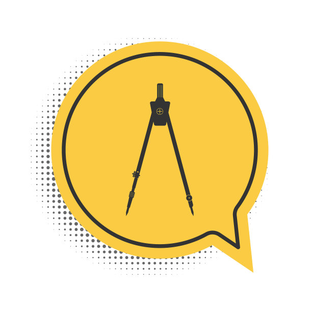 黑色绘制罗盘图标孤立在白色背景。指南针的迹象。绘画和教育工具。几何工具。教育的迹象。黄色语音气泡符号。向量图片下载
