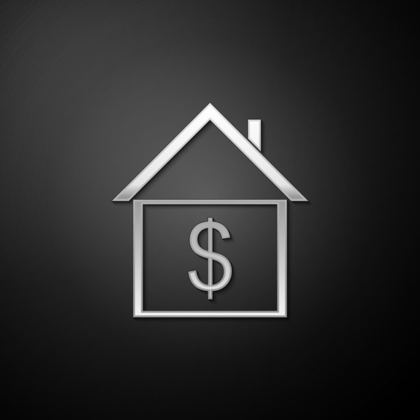 银房子与美元图标孤立在黑色背景。家庭和金钱。房地产的概念。长长的阴影风格。向量图片下载