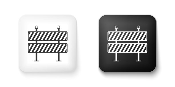 黑色和白色道路障碍图标孤立在白色背景。限制区正在施工中。建筑栅栏或修理工程标志。方形按钮。向量图片下载