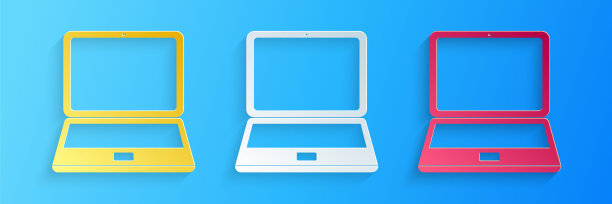 剪纸笔记本电脑图标孤立在蓝色背景。屏幕空的笔记本电脑。纸艺术风格。向量图片下载