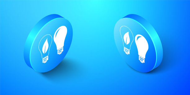 等距经典灯和灯泡与叶子内的图标孤立在蓝色背景。照明电灯。绿色生态能源理念。蓝色圆按钮。向量图片下载