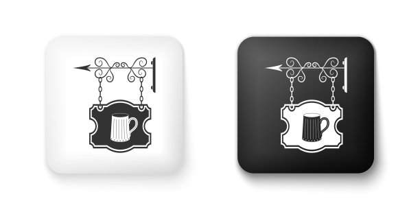 黑色和白色的街道招牌伪造支架与木杯啤酒图标孤立在白色背景。适合酒吧、酒馆、咖啡厅、酒吧、餐厅。方形按钮。向量图片下载