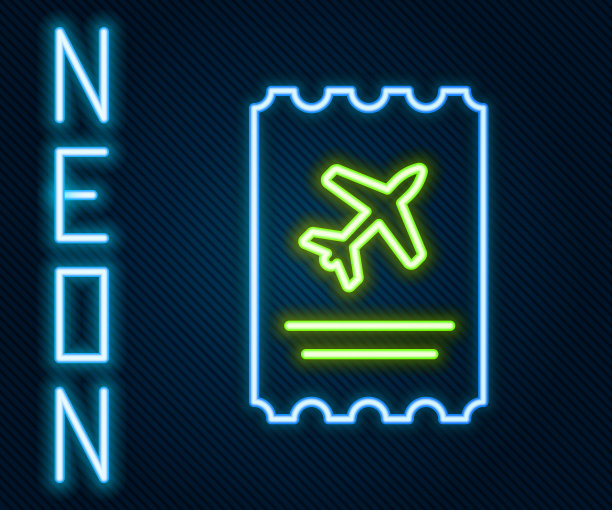 发光的霓虹灯线机票图标隔离在黑色背景。飞机票。彩色轮廓概念。矢量图图片下载