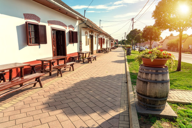 匈牙利Villany的城市景观，在步行街上有酒桶和地窖图片下载