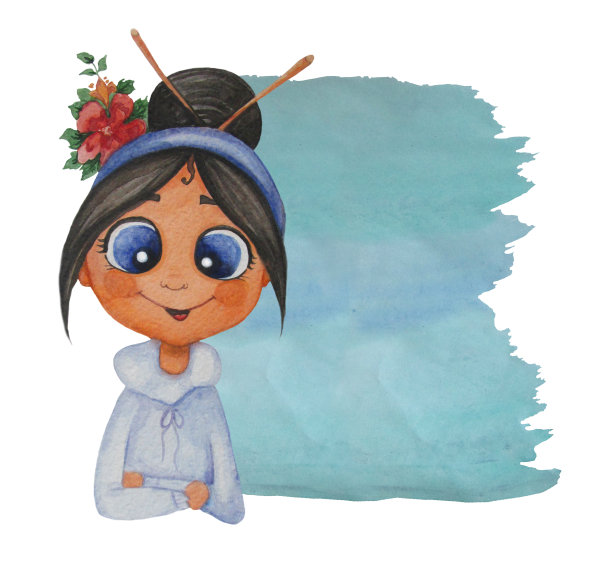 可爱女孩插图。一个黑发女人的肖像，带着编织针和红花。在背景的水彩染色空间为您的文本。水彩。手绘图片下载
