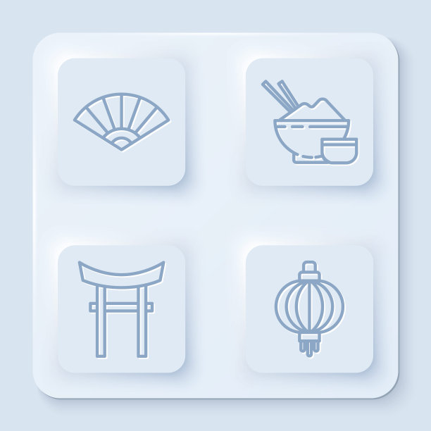 中国或日本的折扇、米饭和筷子、日本门和日本纸灯笼。白色正方形按钮。向量图片下载