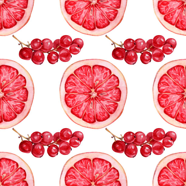 无缝图案水彩手绘切片红葡萄柚和浆果在白色图片下载