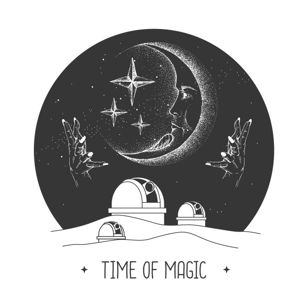 现代魔术魔术卡与占星天文台和新月标志与人的脸。矢量图图片下载