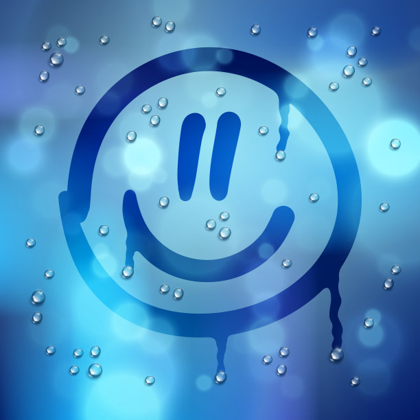 可爱的笑脸画在窗户上模糊的背景和水雨滴，矢量现实的插图，快乐时它的雨天美丽的艺术。图片下载