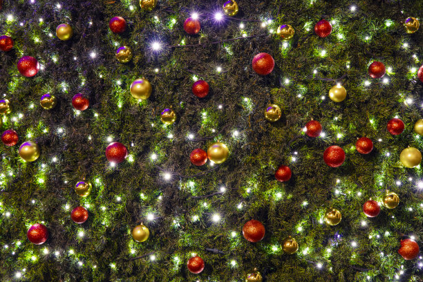 圣诞节日背景假日概念墙纸、花环照明和玩具球装饰对象图片下载