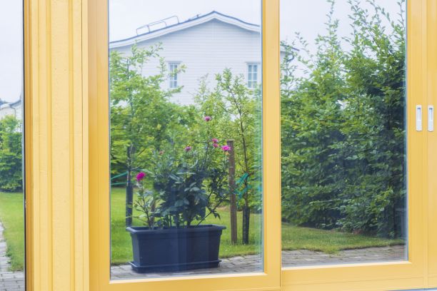 前院花盆在夏日的镜面反射。外部的概念。图片下载