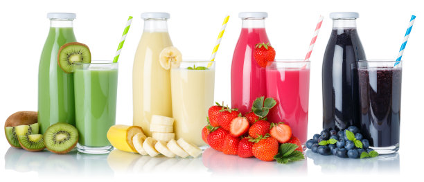 收集冰沙，果汁饮料玻璃和瓶子上隔离白色图片下载