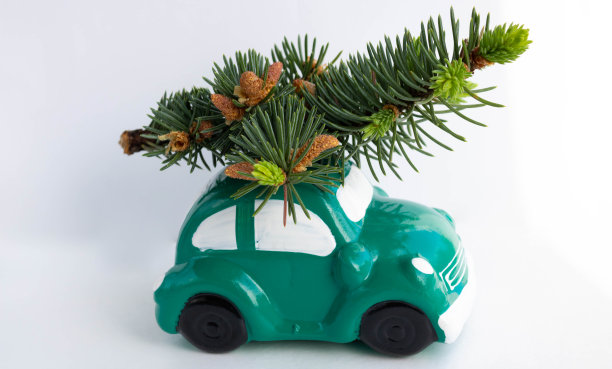绿色玩具汽车存钱罐，在屋顶上扛着一棵圣诞树图片下载