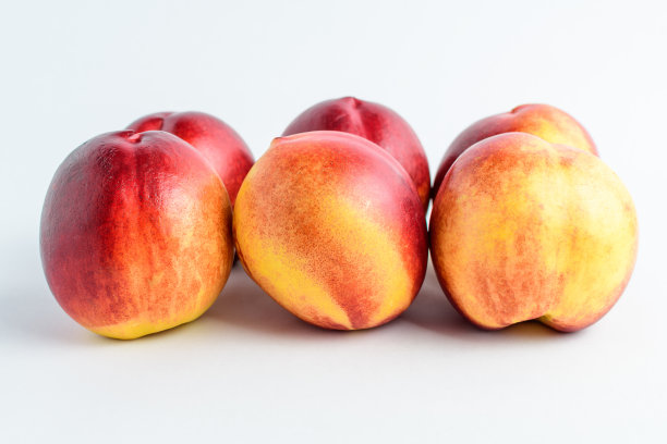 六个新鲜成熟的油桃果实在白色的桌子上排成两行，孤立在白色上，柔和的焦点，侧视图图片下载