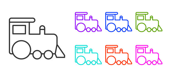 黑线玩具火车图标孤立在白色背景。设置图标丰富多彩。向量图片下载