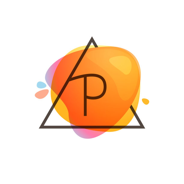P字母标志在三角形框架水彩飞溅背景。颜色叠加样式。图片下载