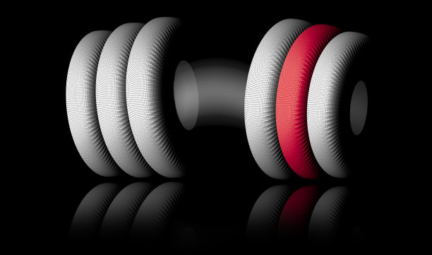 哑铃3d渲染插图的一个弯曲的形状与一个红色的圆盘孤立在黑色的背景。健身房、健身及运动器材标志。图片下载