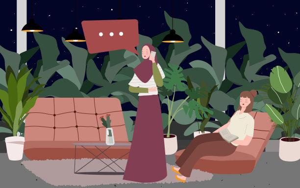 穆斯林妇女与坐在沙发上的朋友打电话，周围环绕着许多扁平卡通风格的观赏植物图片下载