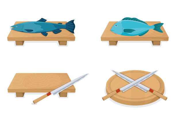 厨房板用锋利的刀，三文鱼鲜鱼卡通风格孤立于白色，平面矢量插图。概念烹饪项目图标。图片下载