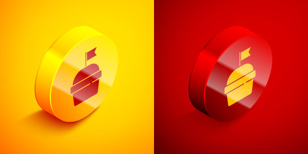 等距蛋糕图标孤立在橙色和红色的背景。生日快乐。圆按钮。向量图片下载