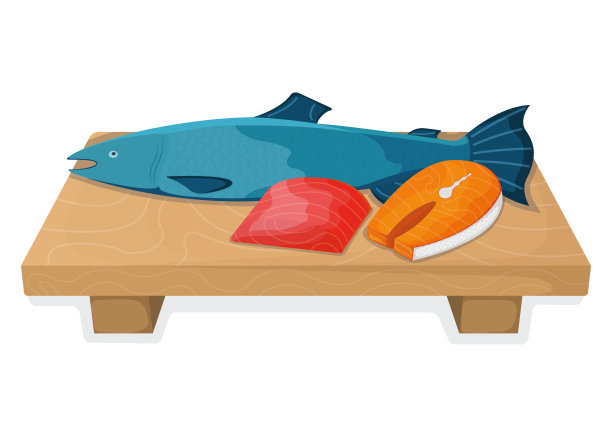 大西洋鲑鱼鱼食概念，新鲜座头鲸食物卡通风格隔离在白色，平面矢量插图。厨房板用锋利的刀。图片下载
