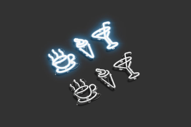 装饰咖啡，冰淇淋和马提尼霓虹灯标志模型图片下载