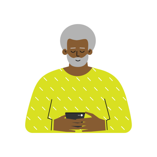 矢量孤立平面概念。卡通的非裔美国老人在电话上写了一条信息。老爷爷用的是现代的小玩意。他通过手机应用程序寻找恋爱对象。网上约会图片下载