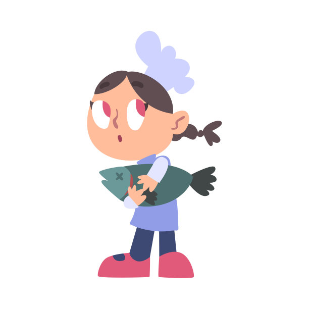 女孩厨师拿着新鲜的鱼，可爱的孩子厨师角色戴着白色的帽子和围裙烹饪美味的食物在厨房卡通风格矢量插图图片下载