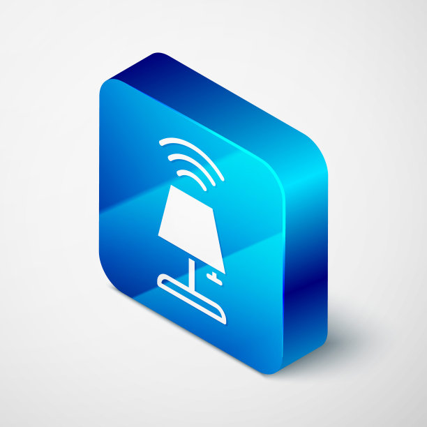 等距智能台灯系统图标隔离在灰色背景上。物联网概念与无线连接。蓝色方框按钮。向量图片下载