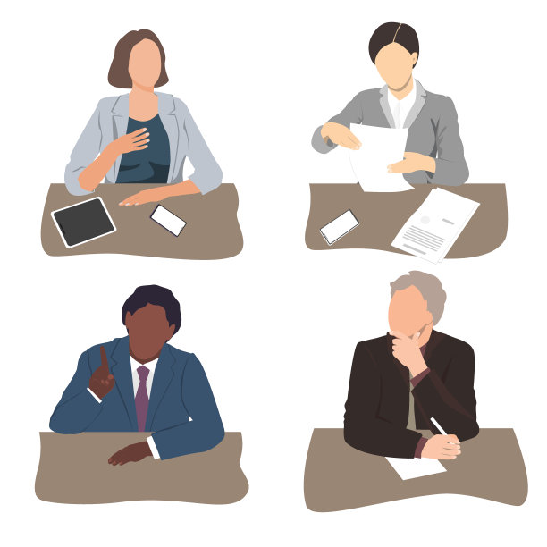 一组商务人员坐在办公桌旁。听、说、写、读商界男女。商人团队剪影，平面插图图片下载