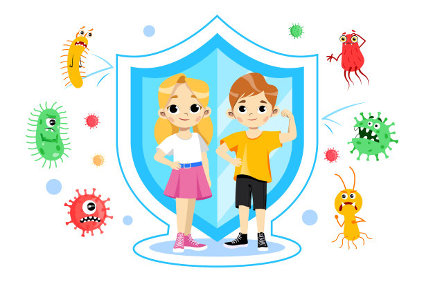 戴医用口罩的男女儿童。病毒和污染保护概念插图在平面卡通风格。载体组成与儿童，健康盾牌，不同的病毒背后图片下载
