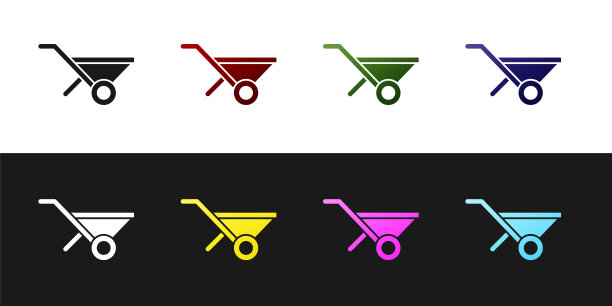 设置独轮手推车图标隔离在黑色和白色的背景。工具设备。农业手推车车轮农场。向量图片下载