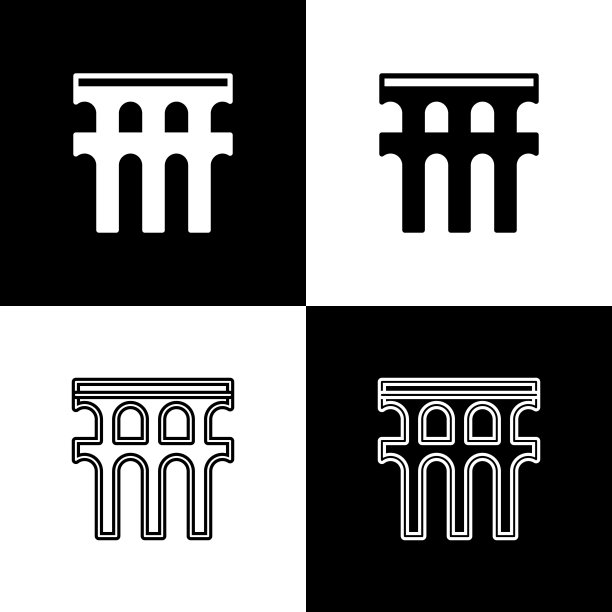 Set Aqueduct of Segovia，西班牙图标隔离在黑白背景上。罗马渡槽建筑。西班牙的国家象征。向量图片下载