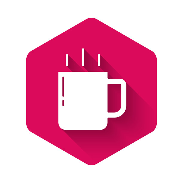 白色咖啡杯图标孤立与长影子。茶杯。热喝咖啡。粉红色的六角按钮。向量图片下载