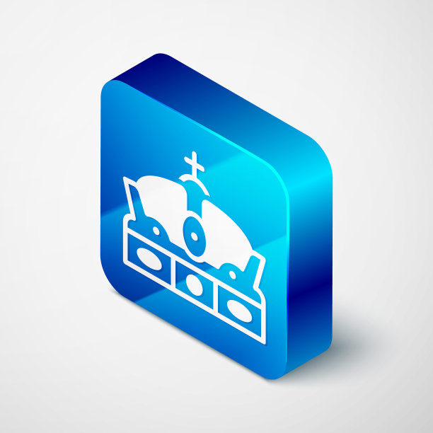 等距的西班牙皇冠图标孤立在灰色背景。蓝色方块按钮。向量图片下载