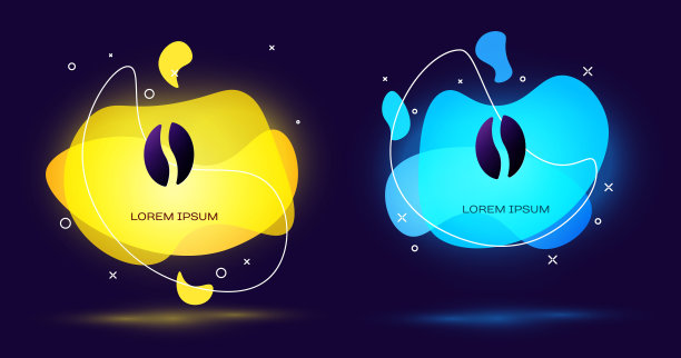 黑咖啡豆图标孤立在黑色背景。带有液体形状的抽象横幅。向量图片下载