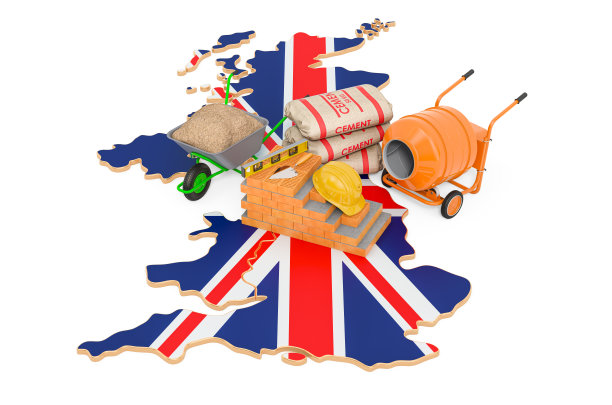 建筑和建筑材料在英国的概念，3D渲染孤立的白色背景图片下载