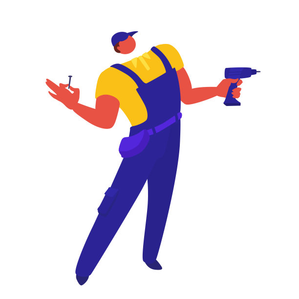 杂工，修理工，体力劳动者。一个男人拿着一个无绳螺丝刀和一个螺丝。一个矢量工匠卡通人物。图片下载