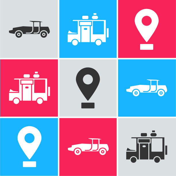 设置汽车，房车露营拖车和位置图标。向量图片下载
