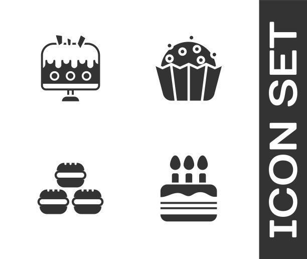 在蛋糕上放置燃烧的蜡烛，盘子，马卡龙饼干和纸杯蛋糕图标。向量图片下载