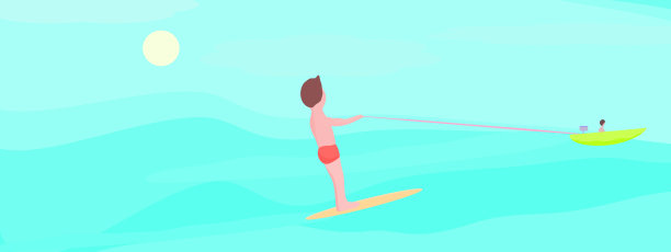 你好暑假度假概念与海和风帆冲浪，水上运动，美丽的蓝色大海，阳光的好天气，抽象的背景纹理，自然壁纸，场景矢量插图艺术平面设计图片下载