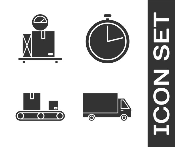 设置货运卡车车辆，秤与纸板盒，传送带与纸板盒和秒表图标。向量图片下载