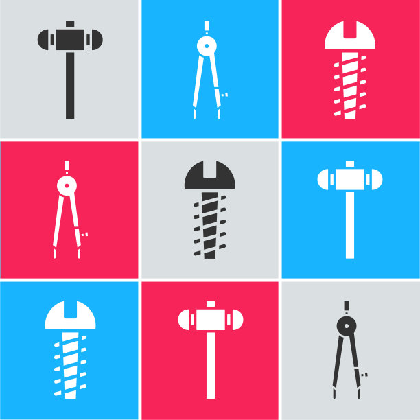 设置大锤，绘图指南针和金属螺丝图标。向量图片下载