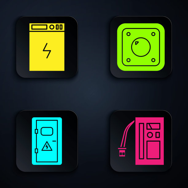 设置电池、充电宝、电控箱、电灯开关。黑色方形按钮。向量图片下载