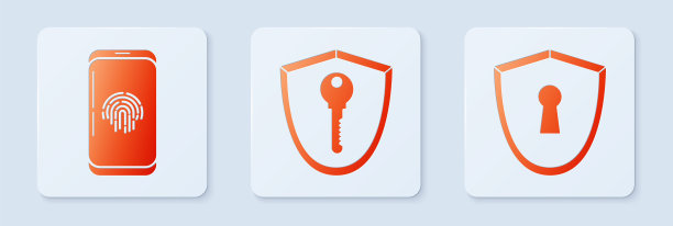 设置钥匙护盾，指纹扫描智能手机和钥匙孔护盾。白色正方形按钮。向量图片下载