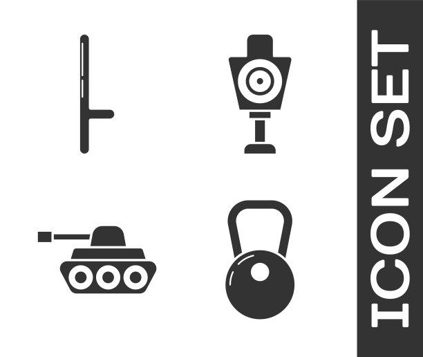 设置壶铃，警用橡胶棒，军用坦克和人体靶运动射击图标。向量图片下载
